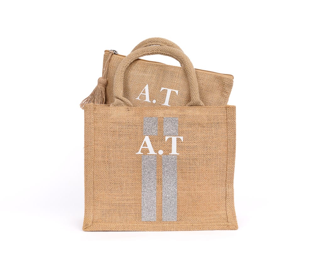 Tote bag mini ibiza y neceser | personalizable iniciales glitter plata